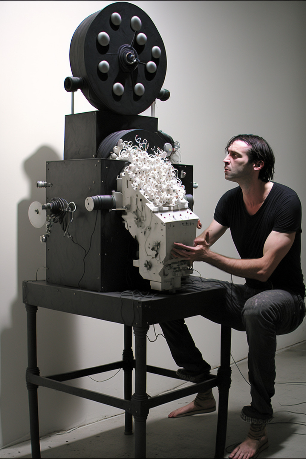 a man sitting on a chair next to a machine