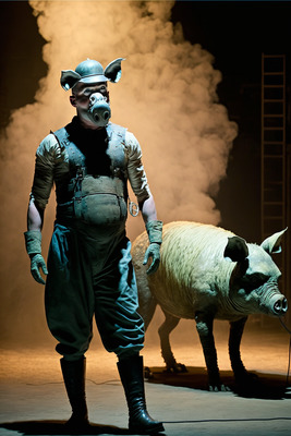 a man standing next to a sheep on a stage