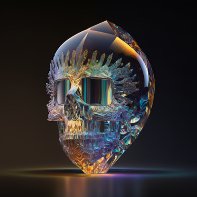 a crystal skull with a black background