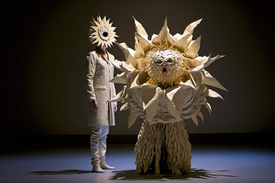 a man standing next to a large paper sculpture