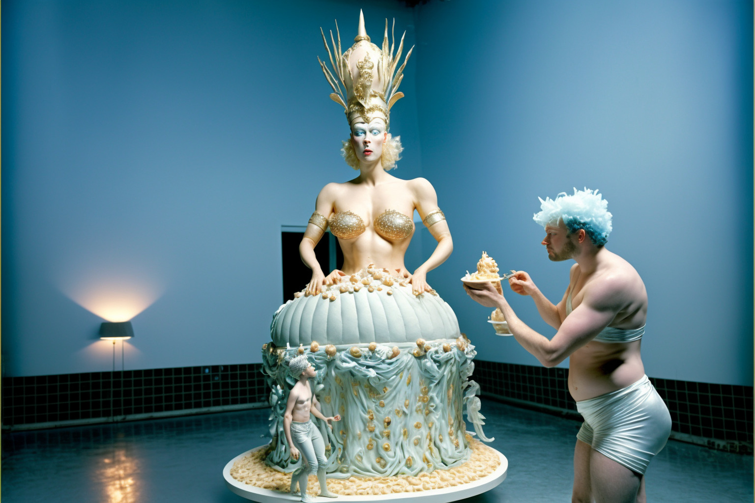 a man and a woman standing in front of a cake