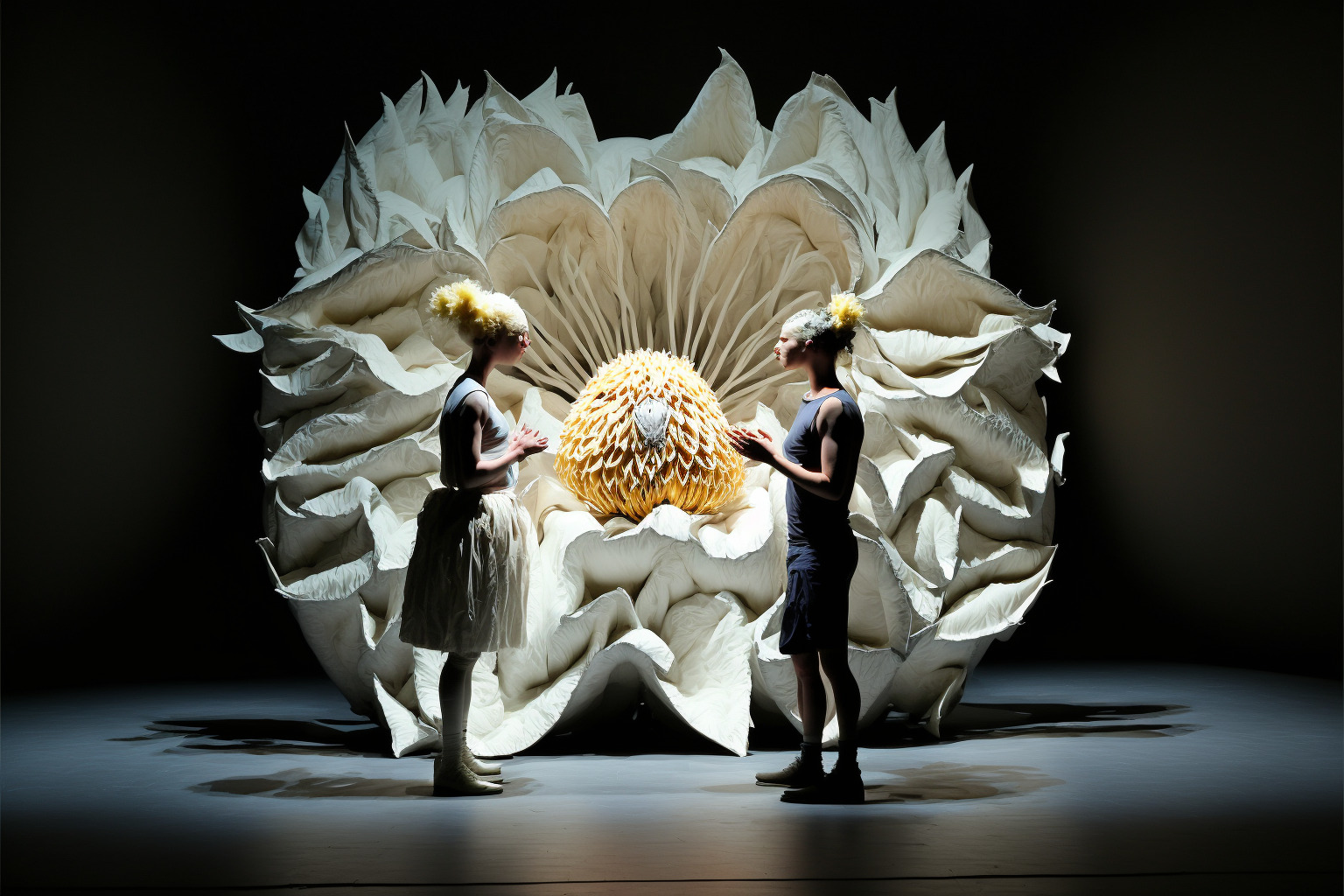 a couple of people that are standing in front of a flower