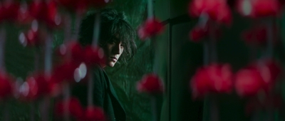 a man standing in front of a mirror with red flowers