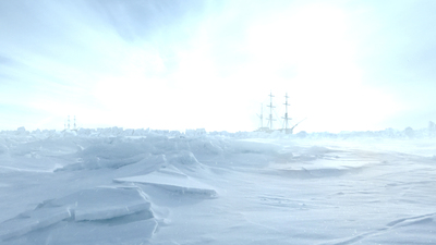 a large ship in the middle of a snowy landscape