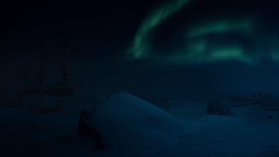 a boat sitting in the snow with the aurora in the background