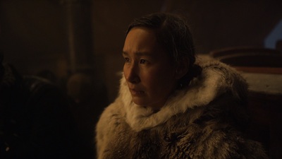 a woman in a fur coat looking off into the distance