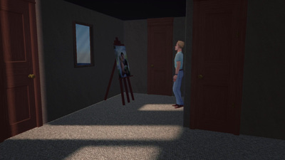 a man standing in a room next to a painting