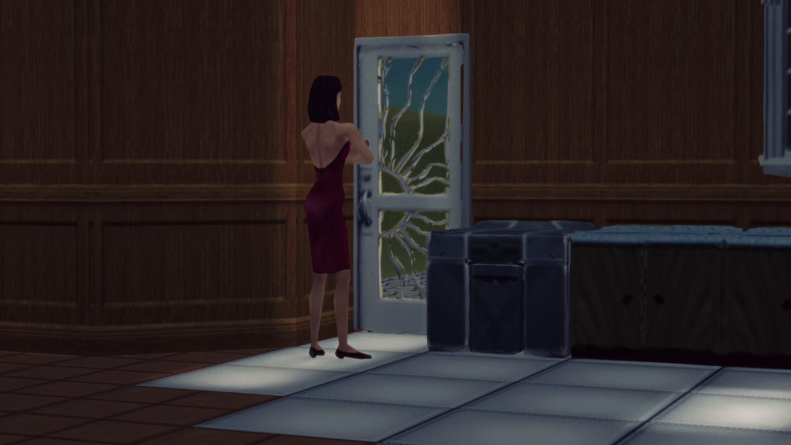 a woman in a red dress standing in front of a door