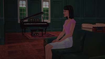 a woman sitting in a chair in front of a piano