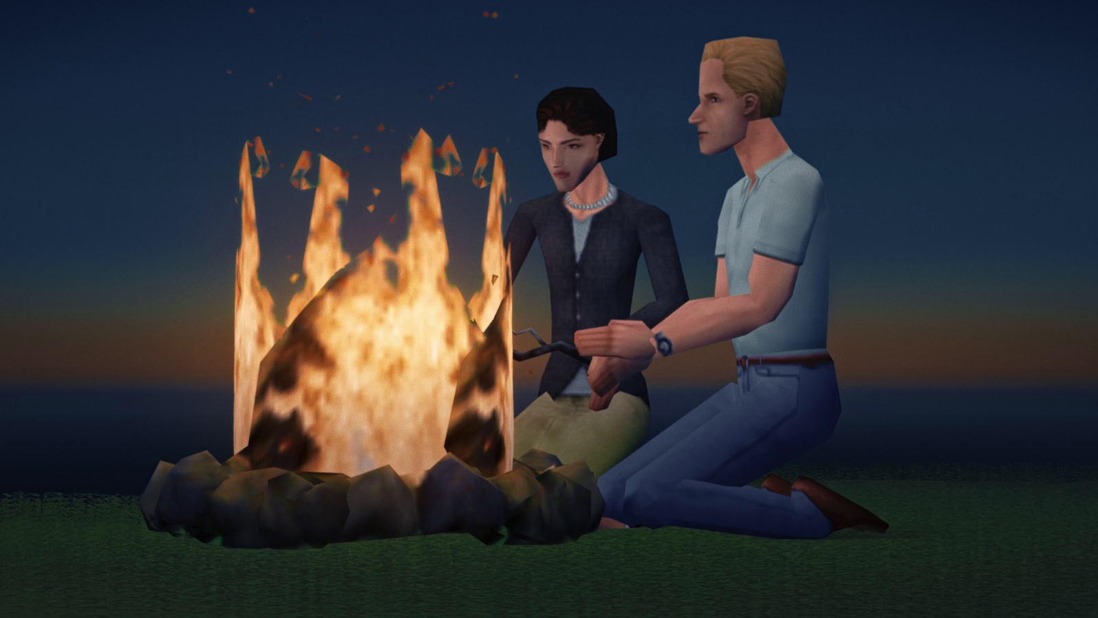 a couple of men sitting next to a fire