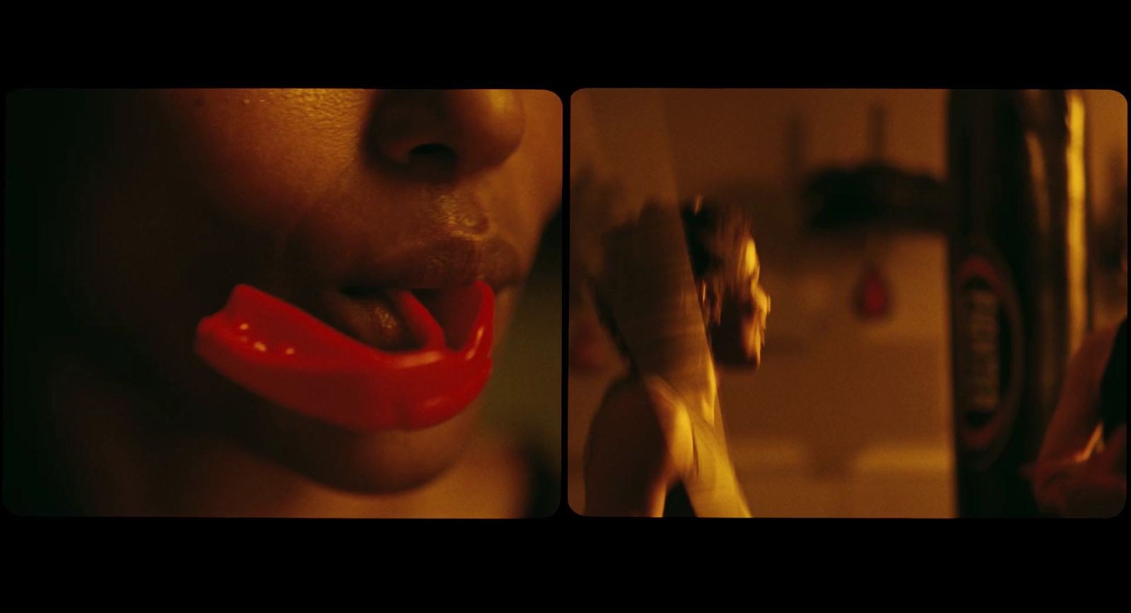 a woman brushing her teeth with a red toothbrush