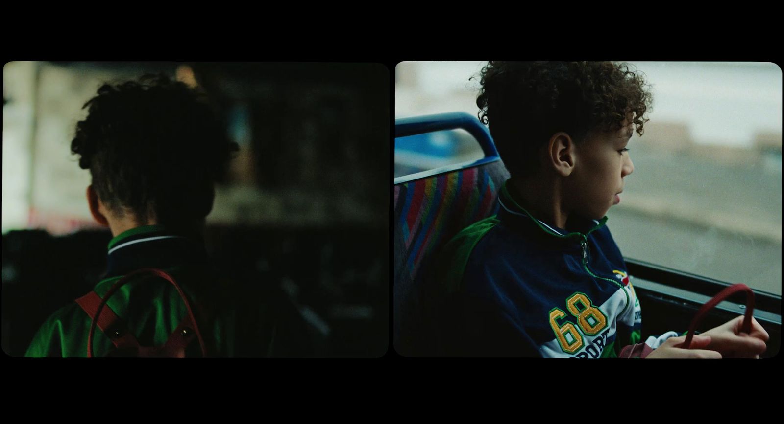 two pictures of a young boy sitting in a car