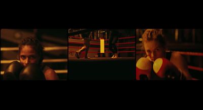 a series of three photographs of a woman in a boxing ring