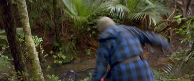 a man walking through a forest with an umbrella