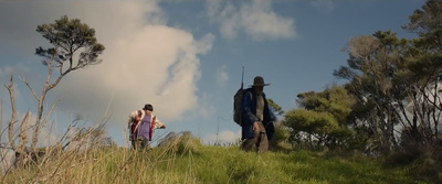 a couple of people standing on top of a lush green hillside