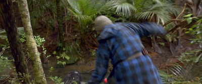 a man walking through a forest filled with trees