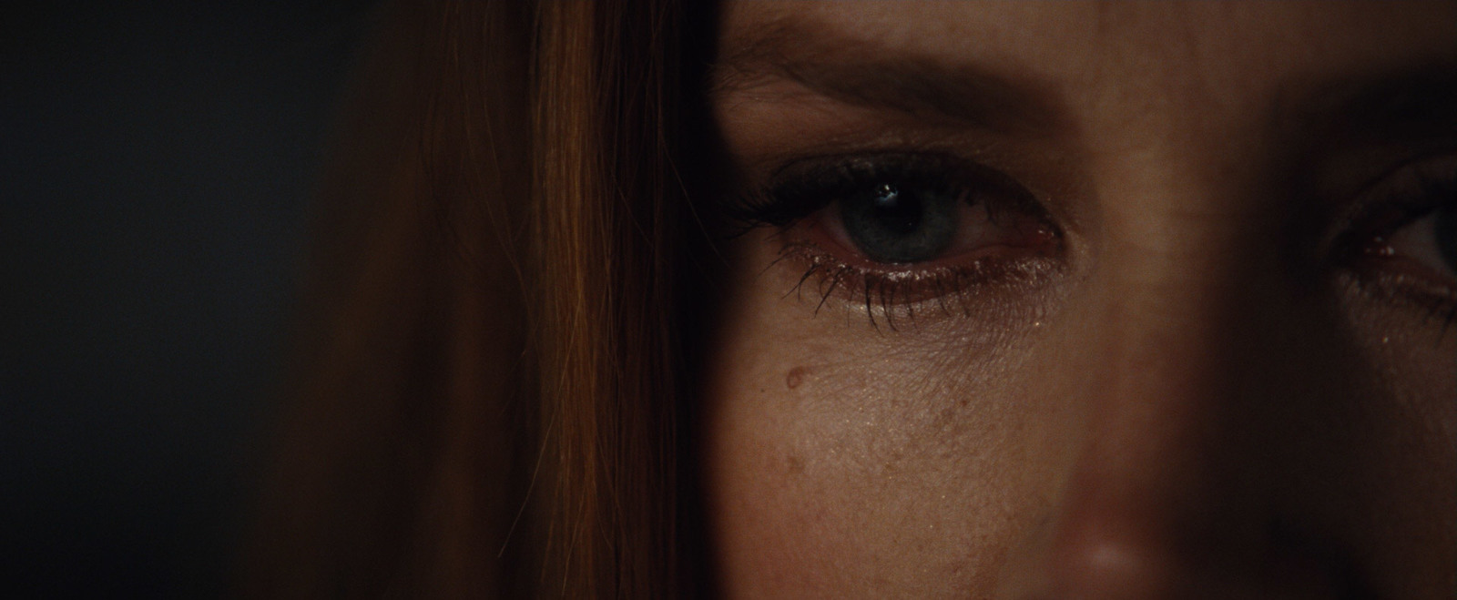 a close up of a woman's face with long red hair