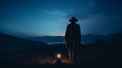 a man standing in a field at night with a lantern