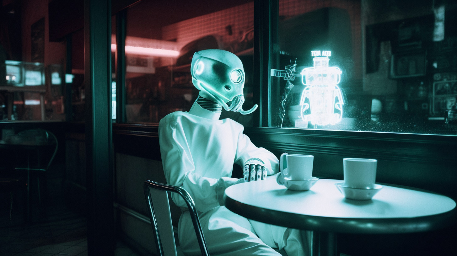 a robot sitting at a table with a cup of coffee