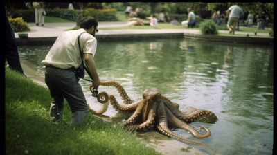 a man standing next to a body of water holding an octopus