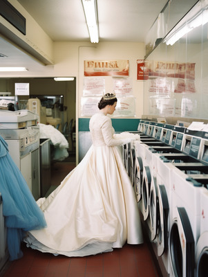 a woman in a white dress standing next to a row of washers