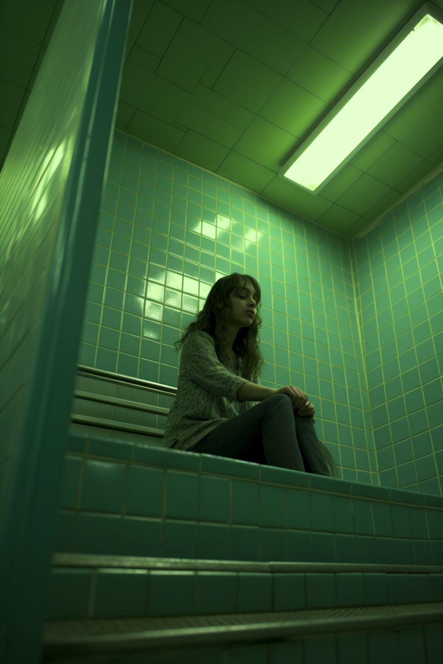 a woman sitting on a set of stairs in a green tiled room