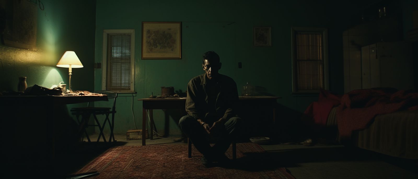 a man sitting on a chair in a dark room