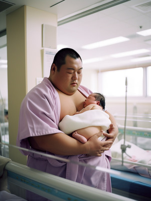 a man holding a baby in a hospital bed