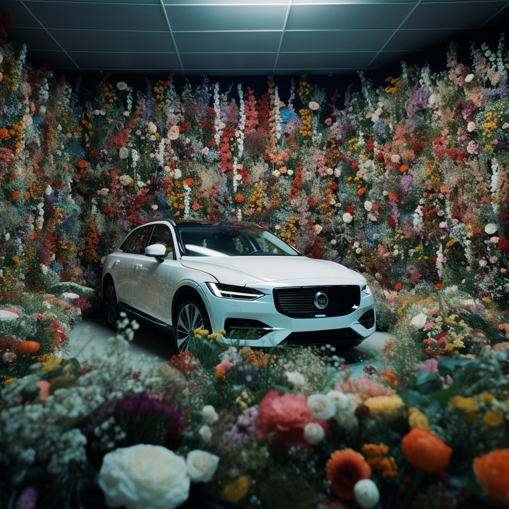 a car parked in front of a wall of flowers