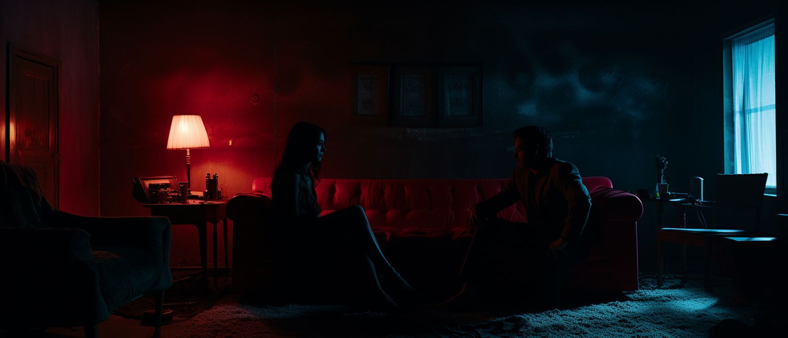 two people sitting on a couch in a dark room