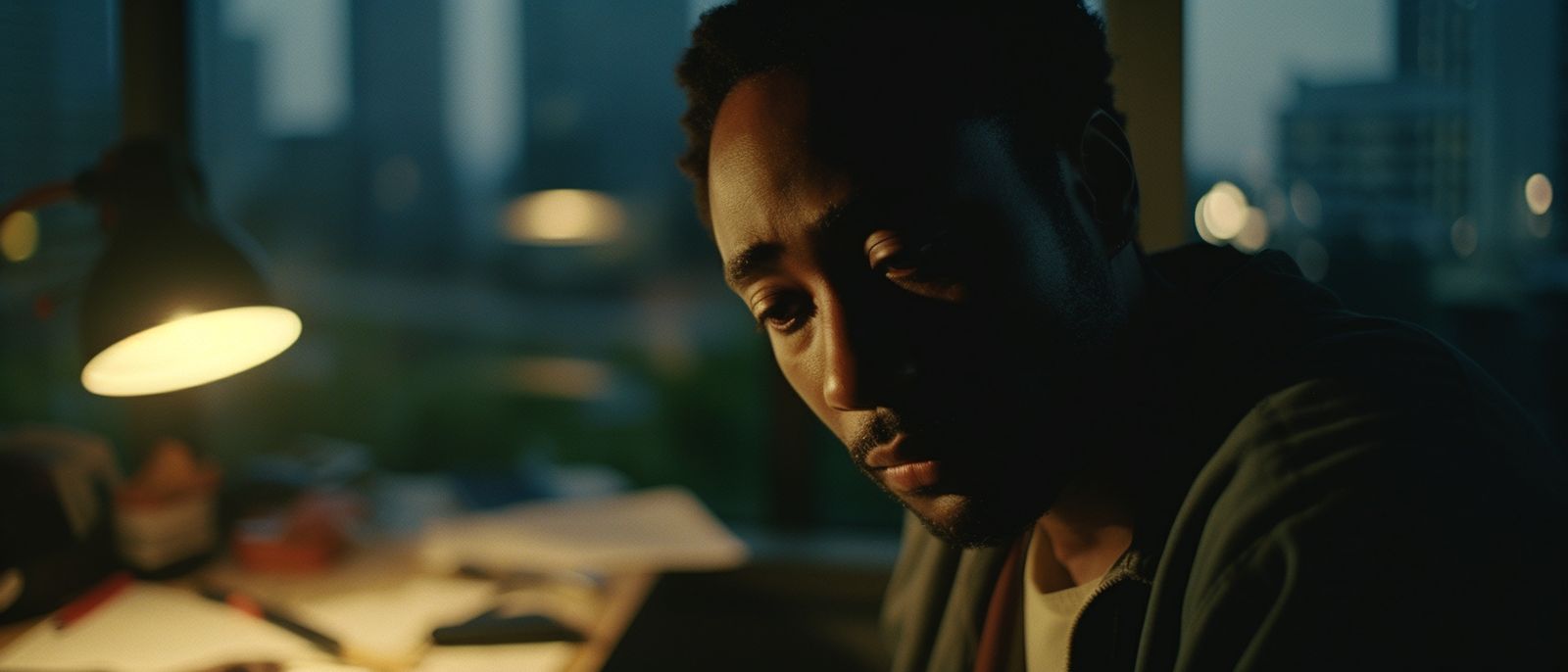 a man sitting at a desk in a dark room