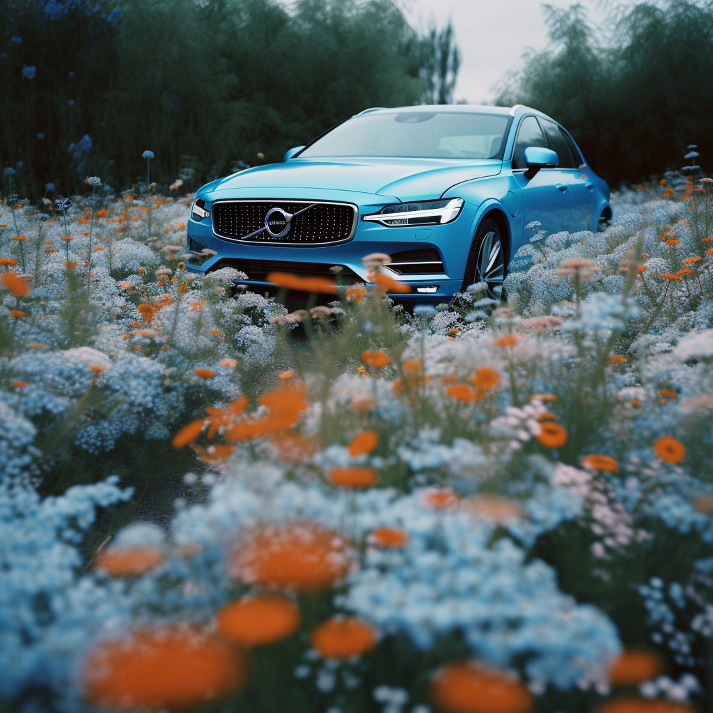 a blue volvo car parked in a field of flowers