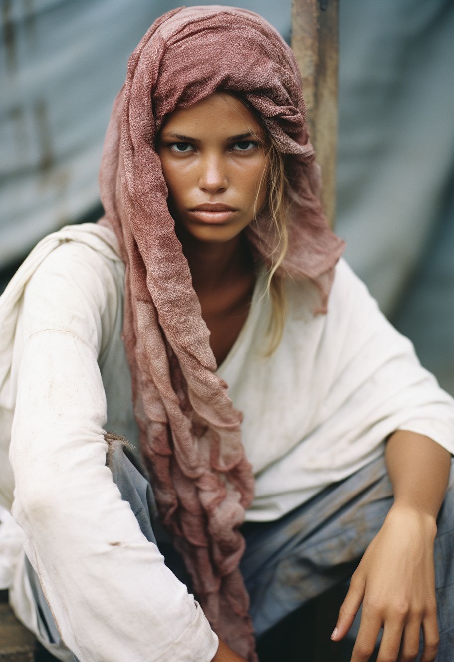 a woman with a scarf around her head