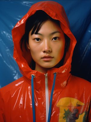 a young woman wearing a red rain coat