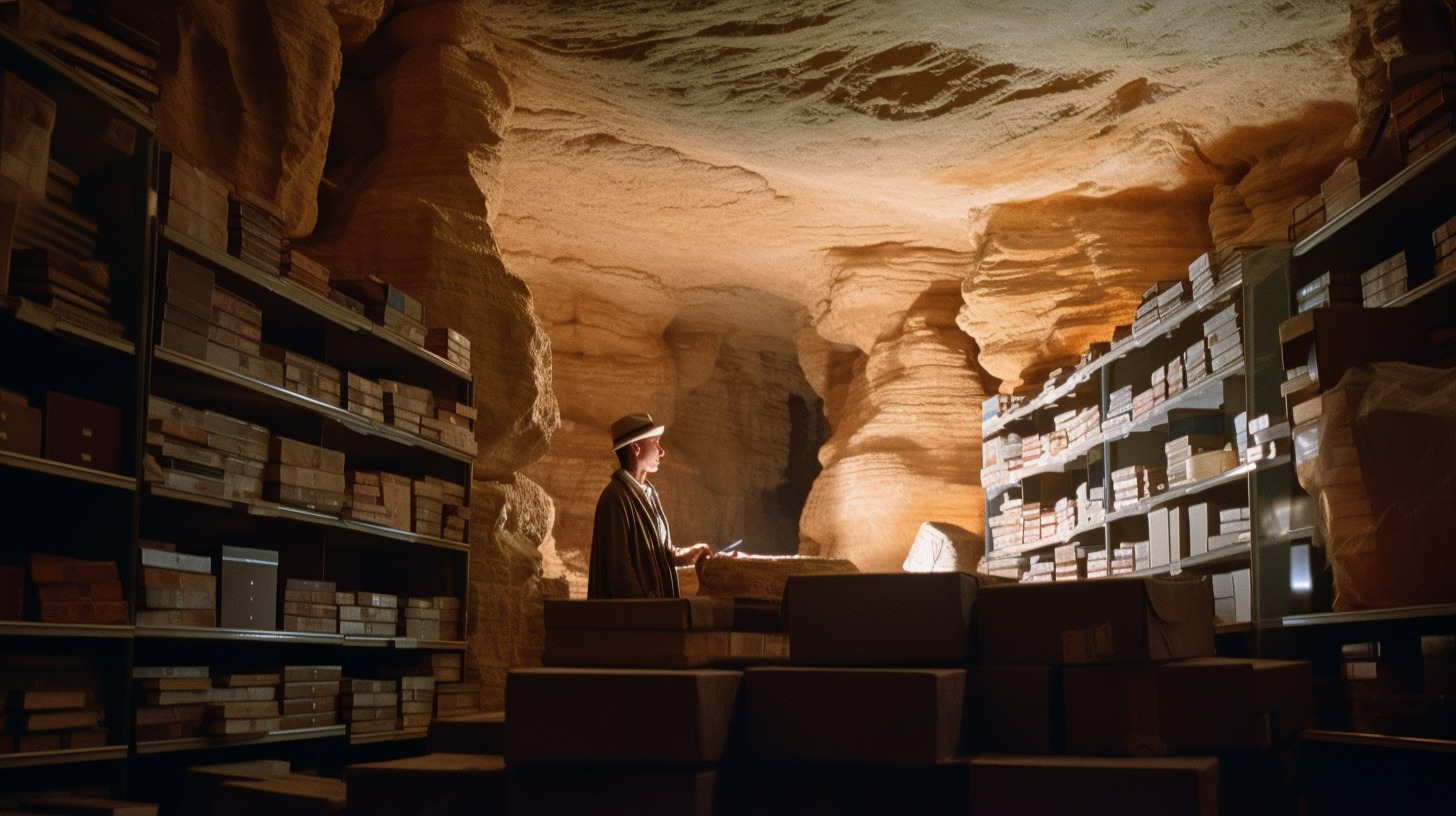 a man standing in a room filled with shelves filled with boxes