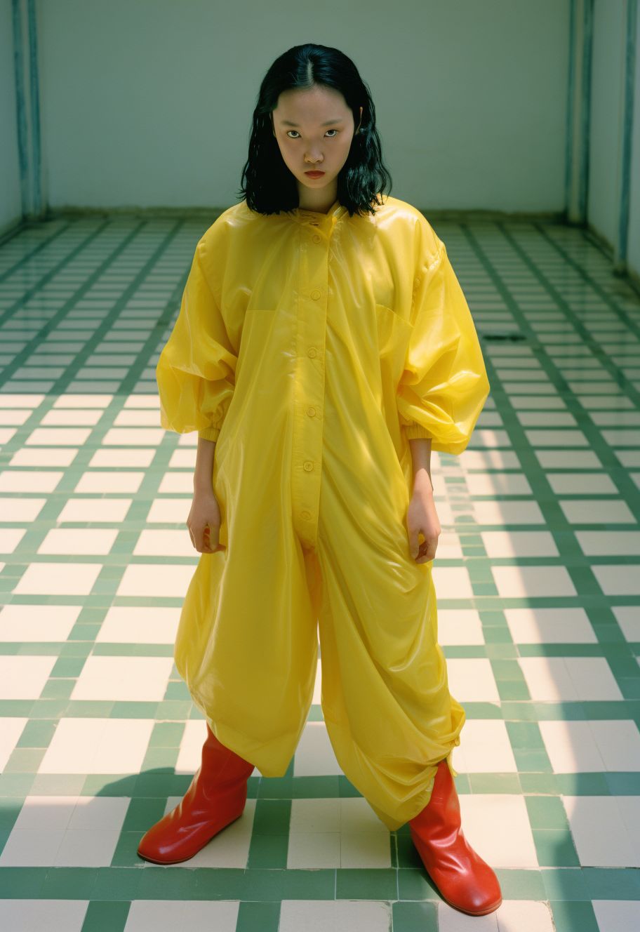 a woman in a yellow jumpsuit standing on a checkered floor