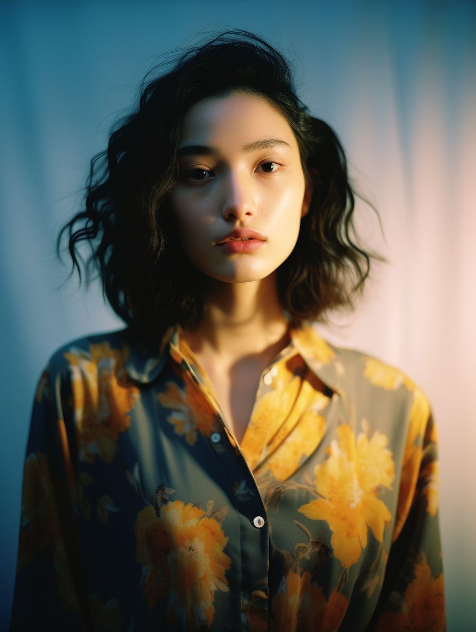 a woman with long hair wearing a floral shirt