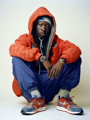 a man in an orange jacket and blue pants