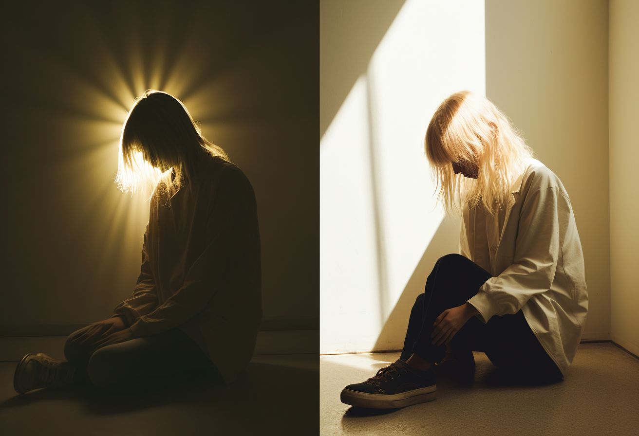 a woman sitting on the floor in front of a light