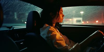 a woman driving a car in the rain