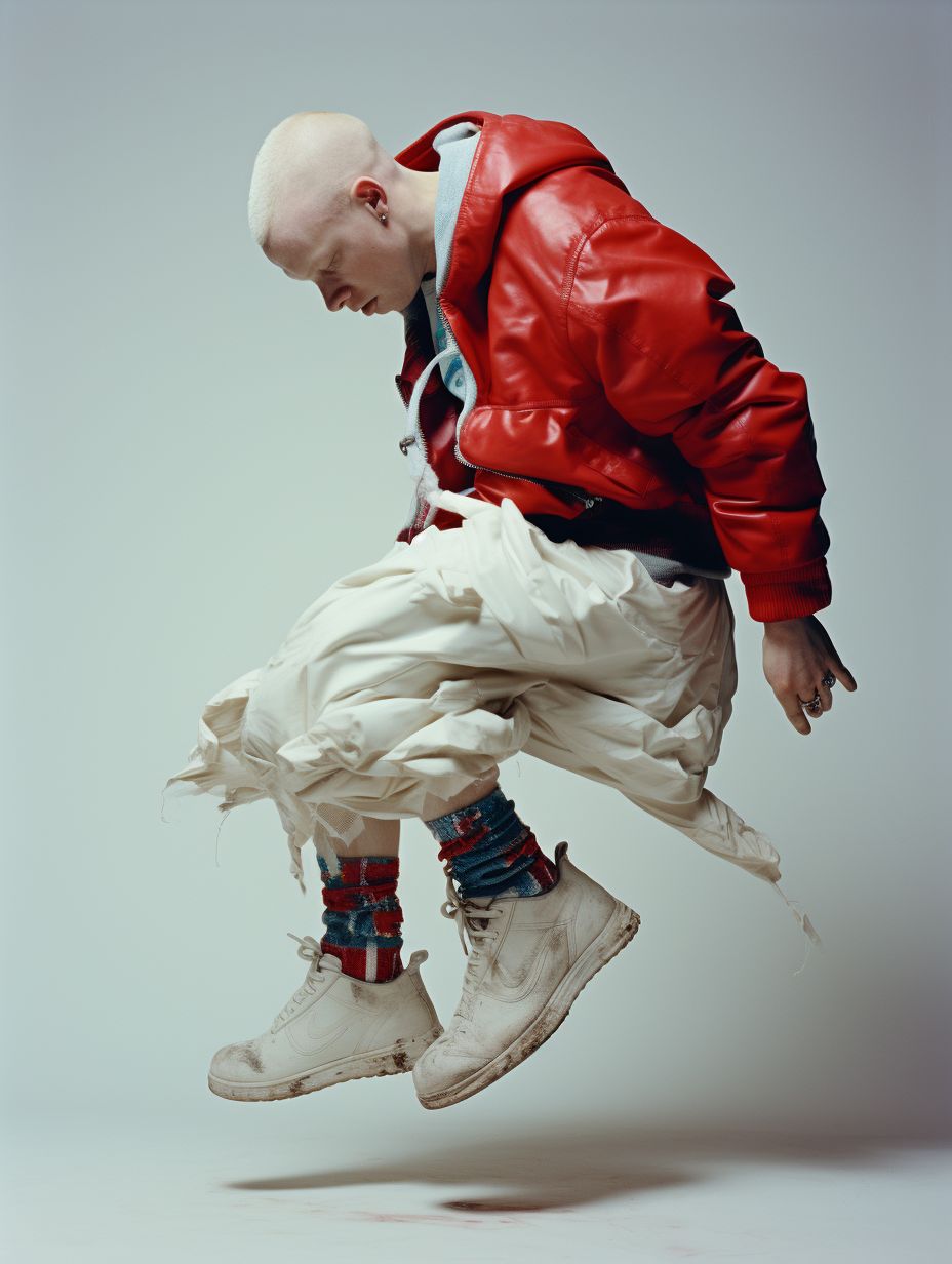 a man in a red jacket jumping in the air