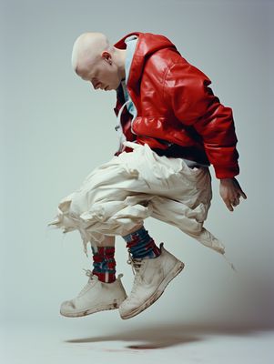 a man in a red jacket jumping in the air