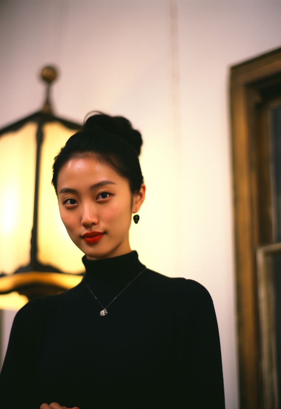 a woman standing in front of a lamp