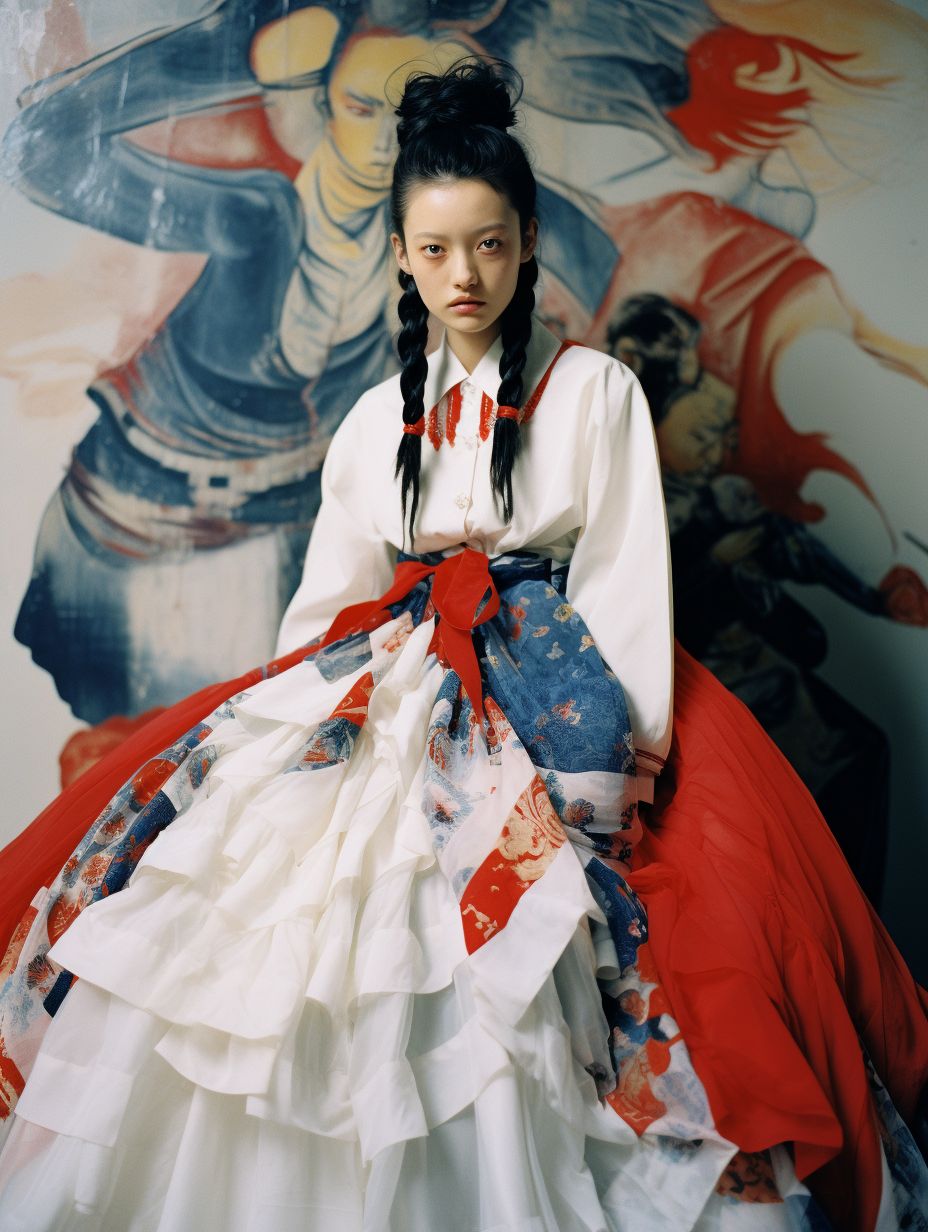 a woman in a white and red dress