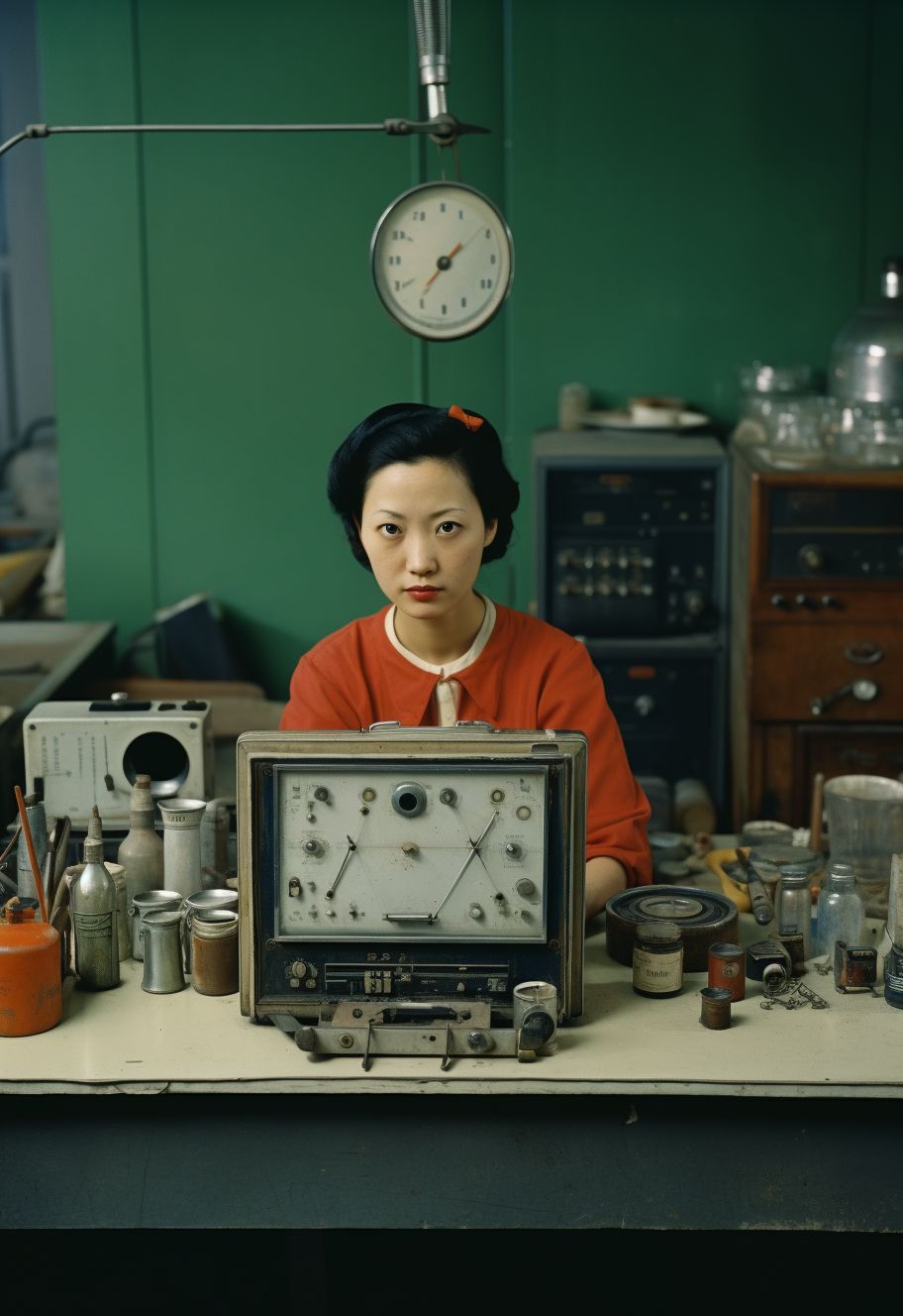 a woman sitting at a desk with a clock on top of it