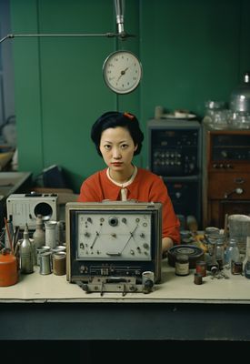 a woman sitting at a desk with a clock on top of it