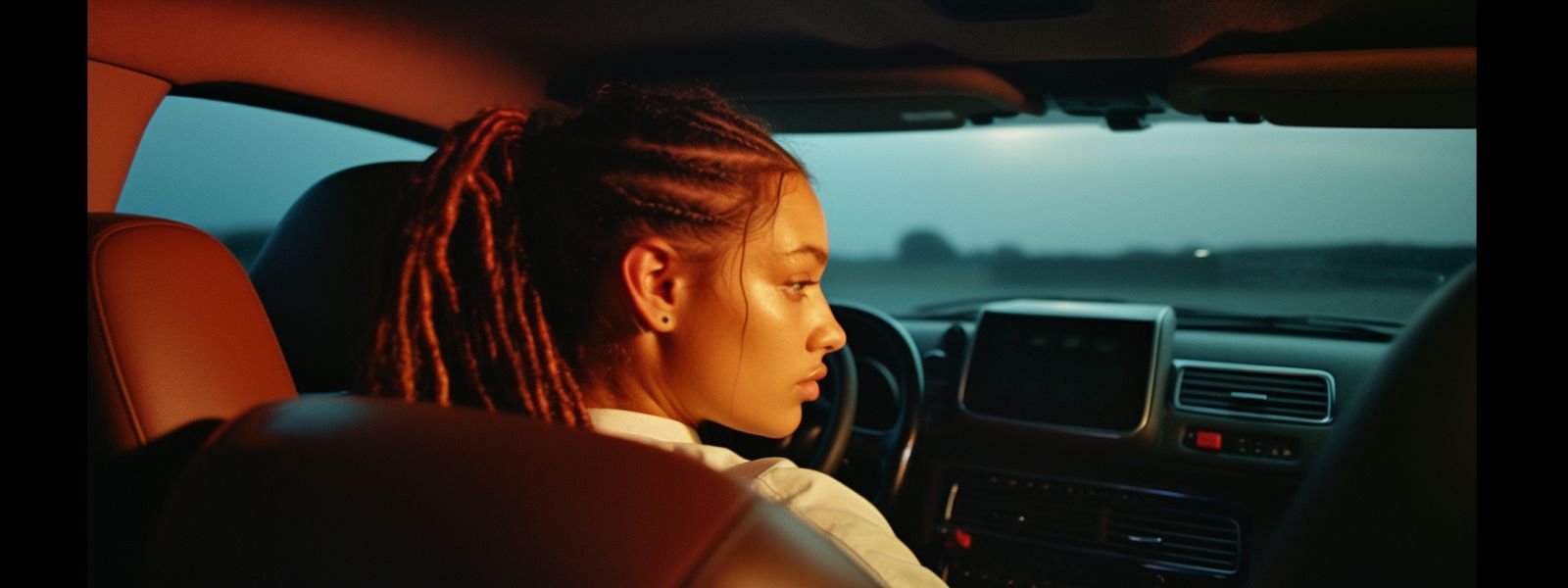 a woman with dreadlocks driving a car