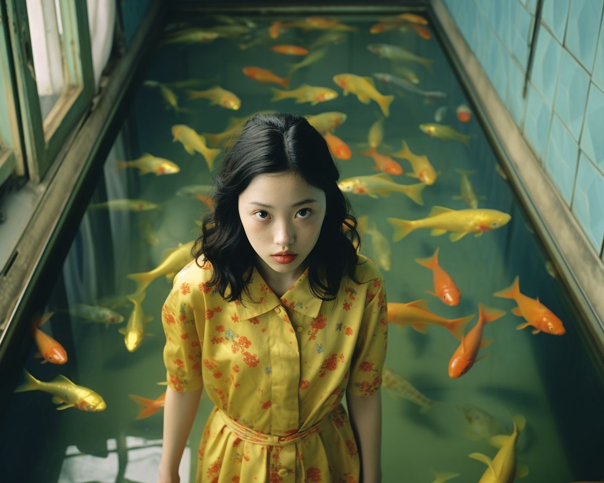 a young girl standing in front of a fish pond