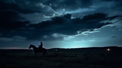 a person riding a horse in a field under a cloudy sky