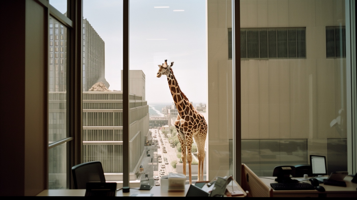 a giraffe standing in an office looking out the window